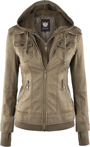 Vista 28 de Lock and Love Chaqueta Abrigo de Moto Motociclista de Piel Sintética para Mujer con Capucha Extraíble o No Extraíble Wjc1044_negro