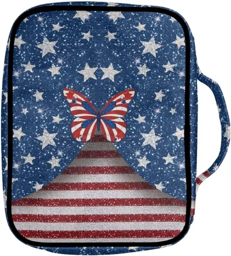 Vista 2 de Funda unisex para la Biblia, portátil, ligera, con asa y bolsillo con cremallera, marcapáginas tamaño grande, Bandera estadounidense mariposa