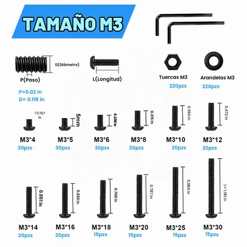 Vista 2 de Surtido de 702 tornillos métricos M3, tapa de botón hexagonal M3, tornillos de máquina M3, tornillos y tuercas surtido con llave Allen