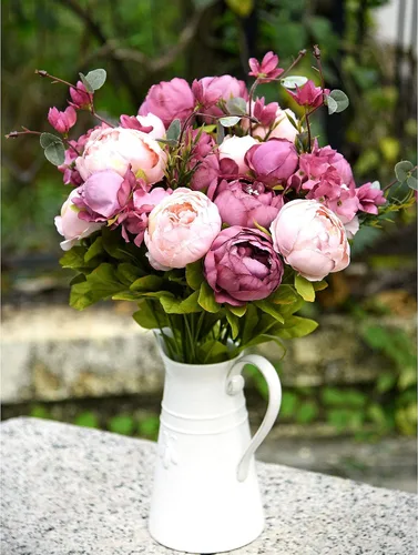 Vista 2 de FiveSeasonStuff - Peonías y hortensias artificiales de seda, ideal para decoración de bodas, novias, hogar, decoración de centro de mesa (2 ramos).