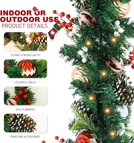 Vista 3 de Guirnalda de Navidad Preencendida de 6 Pies, Decoraciones Navideñas, Guirnalda Iluminada a Batería para Interiores con Bayas Rojas, Bolas