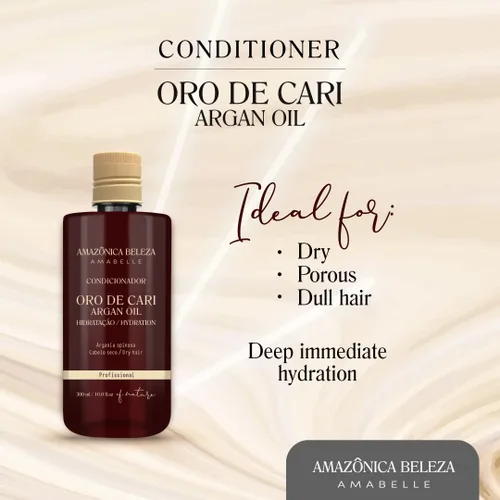 Vista 2 de AMAZONICA BELEZA Acondicionador Oro de Cari, hidratación intensiva para cabello seco con aceite de argán y vitamina E, línea profesional, 10 onzas