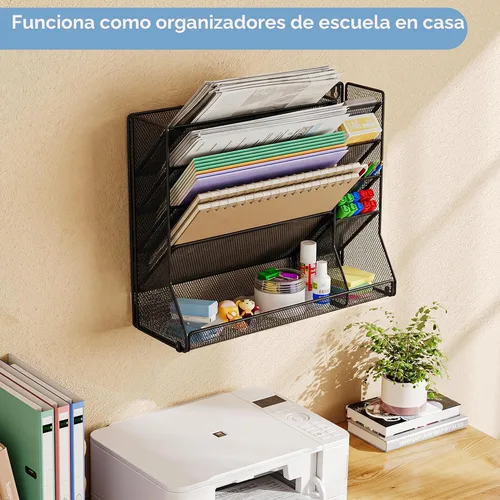 Vista 8 de Jakyitvi Organizador de archivos montado en la pared, organizador de escritorio de metal ajustable y duradero de 4 niveles, soporte para archivos