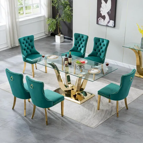 Vista 9 de Mesa de comedor moderna de vidrio de 70 pulgadas para 6-8, mesa de comedor de cristal dorado de lujo con base de acero inoxidable en forma de flores
