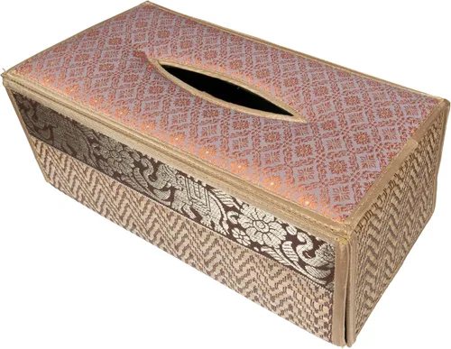 Vista 4 de Elegante estuche para caja de pañuelos hecho a mano con caña, 100% algodón, con funda de raso y dispensador, fabricado con materiales naturales B