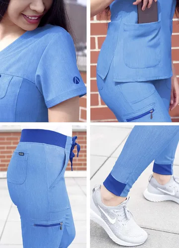 Vista 5 de Adar Pro - Conjunto de ropa quirúrgica con mejora de movimiento para mujer, blusa médica con cuello en V y pantalón médico deportivo y para yoga
