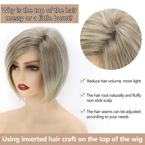 Vista 5 de TISHINING Pelucas rubias cortas en capas para mujeres blancas, longitud de la barbilla, color rubio ceniza, parte lateral, peluca Pixie Bob, cabello