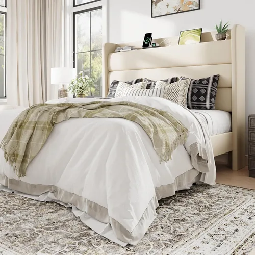 Vista 13 de Allewie Estructura de Cama Tapizada Tamaño Full con Estación de Carga y Cabecera con Almacenamiento, Cama Plataforma de Terciopelo Suave