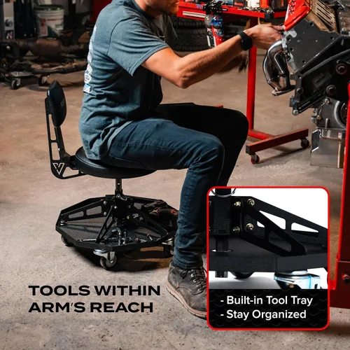 Vista 6 de Vyper - Silla de Taller de Acero Resistente para Mecánicos, Automotriz, Bricolaje - Taburete de Garaje con Capacidad de 300 lb, Respaldo y Ruedas