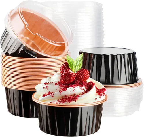 Vista 28 de EUSOAR Moldes desechables de papel de aluminio con tapas, 30 piezas de 5 onzas (4.2 fl oz) de papel de aluminio para magdalenas, tazas para hornear