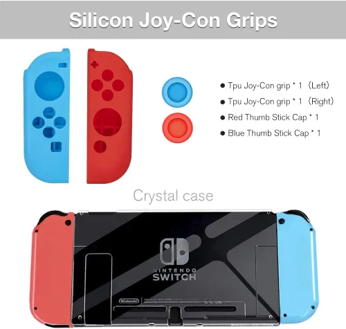 Vista 6 de Kit de accesorios para Nintendo Switch, 1 funda de transporte, 2 empuñaduras, 2 ruedas de dirección, 1 funda de cristal para interruptor, 2 fundas