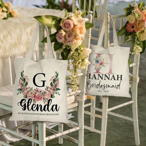 Vista 4 de Bolsas de mano florales personalizadas de regalo para mujeres con nombre y fecha de texto, bolsa personalizada para playa, boda, viajes, trabajo