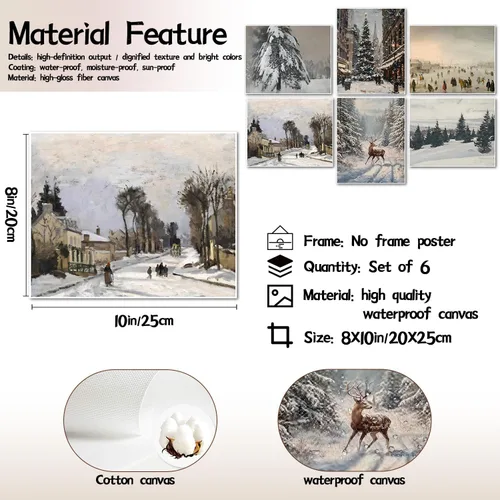 Vista 7 de Hwetui Juego de 6 Pósteres de Arte de Pared de Lienzo Navideño Vintage, Cuadros de Reno y Árbol Invernal Decoración de Pared, Pinturas de Paisajes