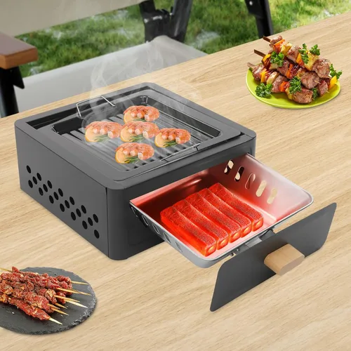 Vista 5 de Parrilla cuadrada de carbón de leña portátil durable fácil limpiar para uso Negro