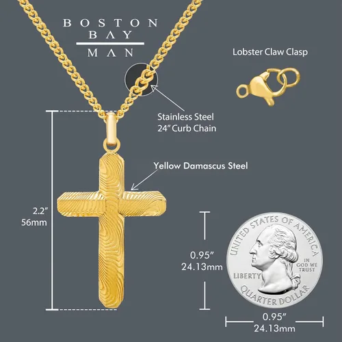 Vista 3 de Boston Bay Diamonds Men's Cross Pendant Necklace in Damascus 316L Stainless Steel on 24" Curb Chain, Elegant Choice of Colors for Fashion with Faith