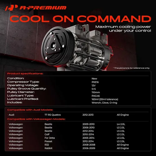 Vista 2 de A-Premium Compresor de aire acondicionado con embrague compatible con Volkswagen Jetta 2005-2014, Passat 2012-2014, Golf Beetle Cabrio R32 Rabbit