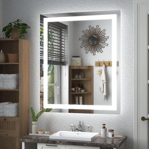 Vista 36 de Espejo de baño LED iluminado de 30 x 30 pulgadas para pared, espejo cuadrado de tocador con luces, regulable, antivaho, a prueba de roturas