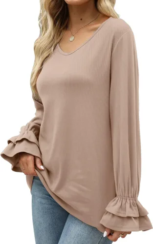 Vista 3 de WIHOLL Camisas de manga larga para mujer cuello en V casual manga acampanada a la moda