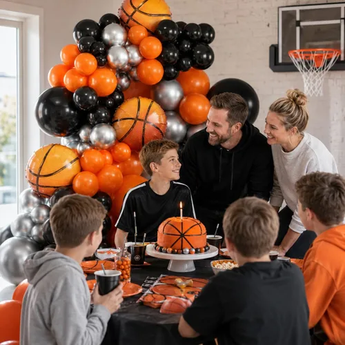 Vista 4 de Kit de guirnalda de globos de baloncesto, globos metálicos naranjas, negros y plateados con globos de papel de aluminio de baloncesto para Rojo Azul