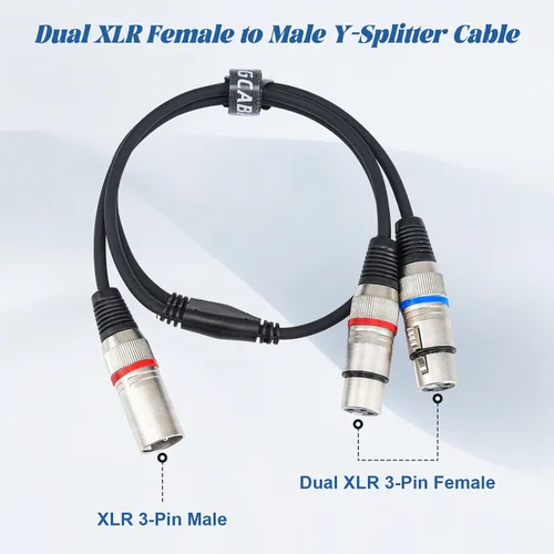 Vista 5 de Cable XLR Y-Splitter Cable, Cable de micrófono XLR doble hembra a macho, cable de conexión adaptador de 2 hembra a macho, 2 pies