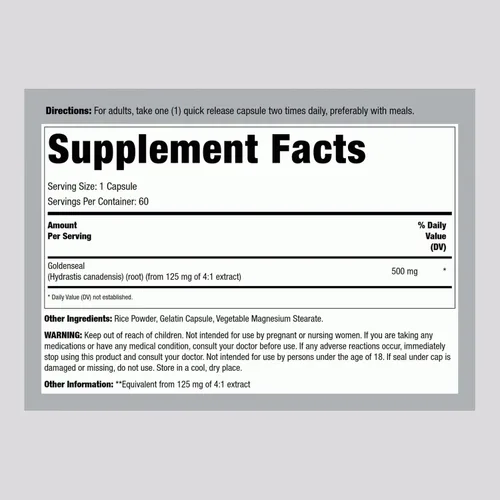 Vista 2 de Lindberg Cápsulas de raíz Goldenseal 500 mg 60 cápsulas Hierba tradicional Suplemento de extracto Sin OMG, sin gluten