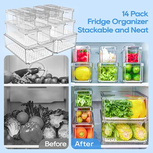 Vista 4 de JollyPack - Paquete de 14 organizadores para refrigerador, contenedores organizadores con tapas para refrigerador, contenedores de almacenamiento