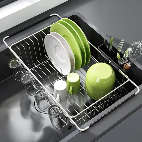 Vista 18 de Estante de secado de platos sobre el fregadero, expandible, pequeño, negro, escurridor para secar para la encimera de la cocina, metal de acero