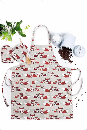 Vista 4 de Delantal de cocina de lino con 2 guantes cortos para horno, delantales de cocina con bolsillo frontal para mujeres y hombres con bonito diseño