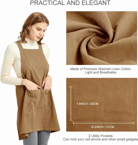 Vista 4 de ELEZAY Delantales para mujer con bolsillos, talla grande, cómodo, espalda cruzada, sin lazo, delantal de lino y algodón Marrón