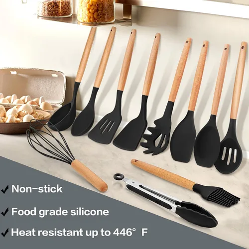 Vista 4 de LIANYU Juego de utensilios de cocina de silicona de 33 piezas con soporte, mango de madera resistente al calor, herramientas de cocina