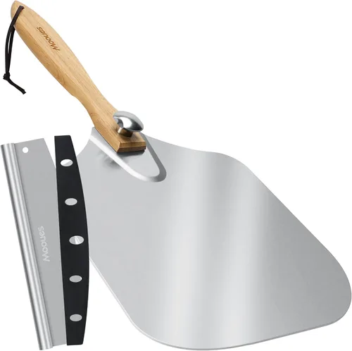Vista 10 de Pala de Pizza de Aluminio Espátula de Pizza, Mooues Pala de Pizza de Metal de 12 pulgadas (12"x 14") con Cortador Basculante Mango de Madera