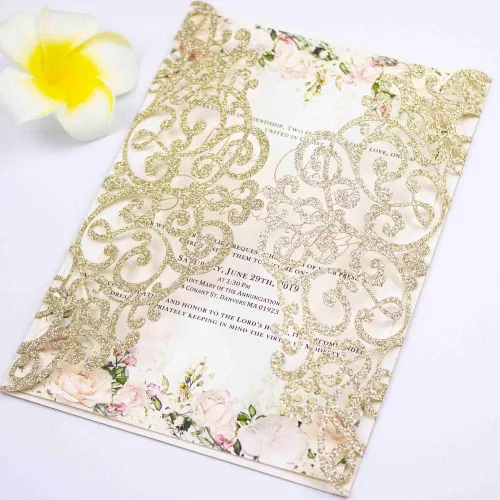 Vista 6 de 50 tarjetas de invitación de boda de 5 x 7 pulgadas, cortadas con láser, solo bolsillo, sin sobre, sin inserto para boda, despedida de soltera Oro