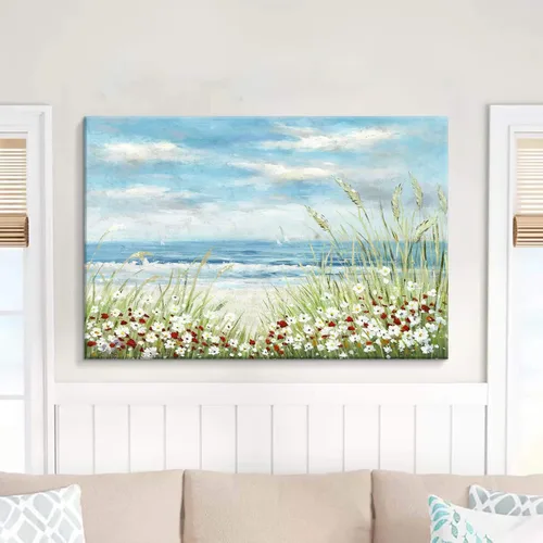 Vista 3 de UTOP-art Arte de Pared de Pintura Abstracta de Flores Silvestres: Flores en la Playa con Olas del Océano, Paisaje Marino, Obra de Arte en Lienzo
