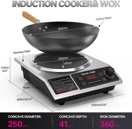 Vista 2 de leconchef - Olla de inducción con Wok 1800W quemador de inducción eléctrico profesional con ajuste de 11 niveles para cocinar, temporizador de 24