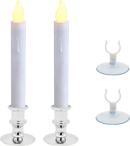 Vista 9 de Velas de ventana con ventosas, cono LED que funciona con pilas, encendido/apagado automático, base dorada extraíble, decoración de luces sin llama