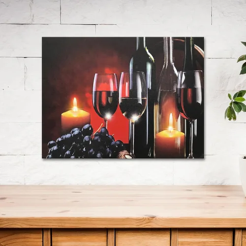 Vista 4 de Arte de pared LED de vino con luces, copas de vino tinto, velas y uvas, decoración de pared en lienzo iluminado, funciona con pilas, para colgar