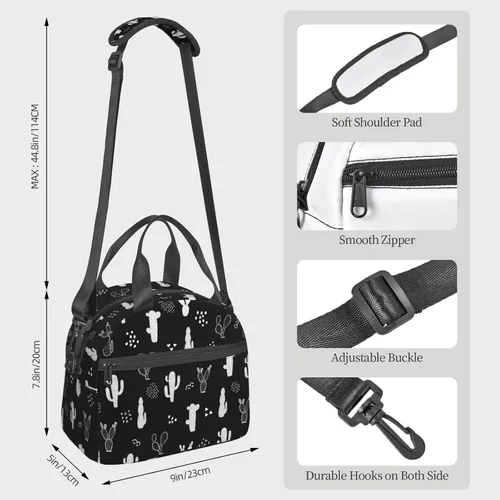 Vista 4 de Lonchera con diseño de cactus, reutilizable, aislada, grande, con correa ajustable para el hombro, para el trabajo, picnic, escuela, viajes, camping