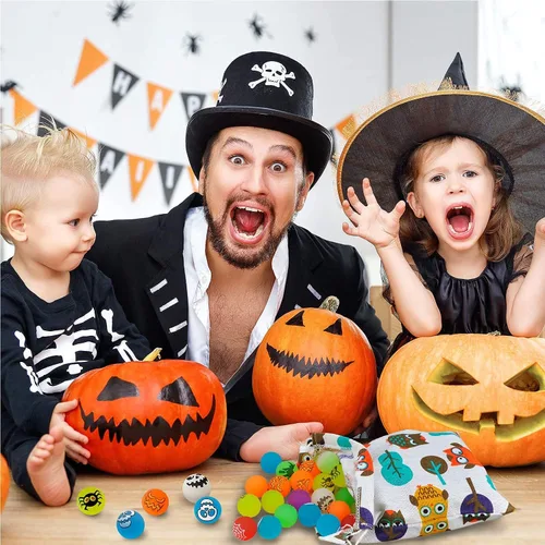 Vista 3 de 72 bolas que rebotan que brillan en la oscuridad, 8 bolas inflables temáticas de Halloween para suministros de fiesta de Halloween