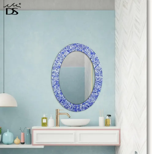 Vista 2 de Espejo decorativo tradicional de mosaico – 32 x 24 pulgadas de forma ovalada colgante azul espejo de pared