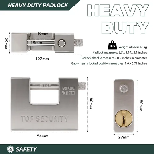 Vista 2 de Candado de 3.701 in con llave, 5 llaves de alta seguridad, resistente, 2.4 lbs, latón macizo en forma de D, para exteriores, protege la puerta