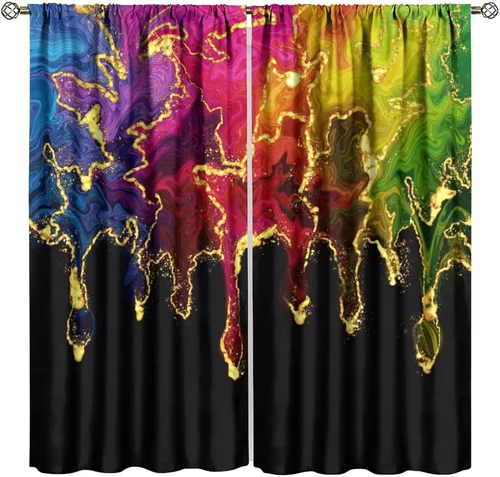 Vista 18 de Cortinas opacas abstractas de arco iris, pintura de color arcoíris con gotas, diseño gráfico creativo con bolsillo para barra, para sala de estar
