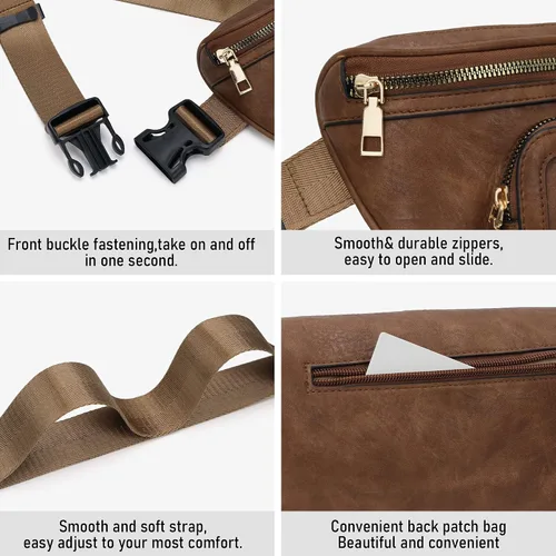 Vista 4 de Chinllo Riñonera para mujer, bolsa cruzada de moda para cinturón de cuero vegano con correa ajustable, Café, Moda