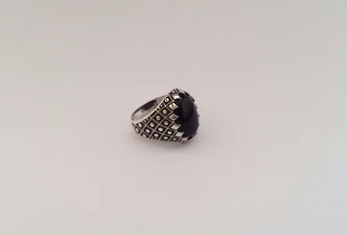 Vista 7 de Anillo de plata de ley 925K de ónix negro ovalado para hombre, Plata de ley, plata, Ónix
