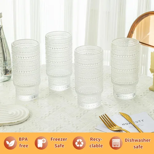 Vista 6 de KEMORELA - Juego de vasos elegantes de alta copa - Vasos XL de 16 oz - Bebidas mixtas, café helado, cerveza, jugo, agua - Diseños de nudos y cuentas