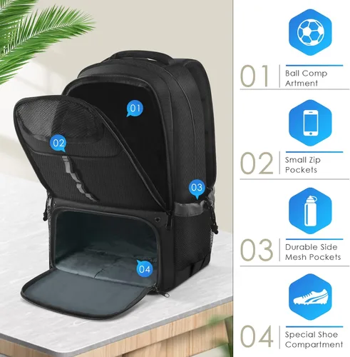 Vista 3 de BROTOU Mochila de fútbol Bolsa deportiva con soporte para pelotas y compartimento para zapatos para fútbol, baloncesto, voleibol, rugby