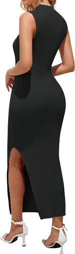 Vista 2 de MEROKEETY Vestido de punto sin mangas con cuello alto falso para mujer 2024, vestido de punto acanalado bodycon con abertura