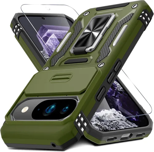 Vista 56 de DEERLAMN Funda para Google Pixel 8 con cubierta deslizante para cámara + protector de pantalla (1 paquete), soporte de anillo giratorio grado