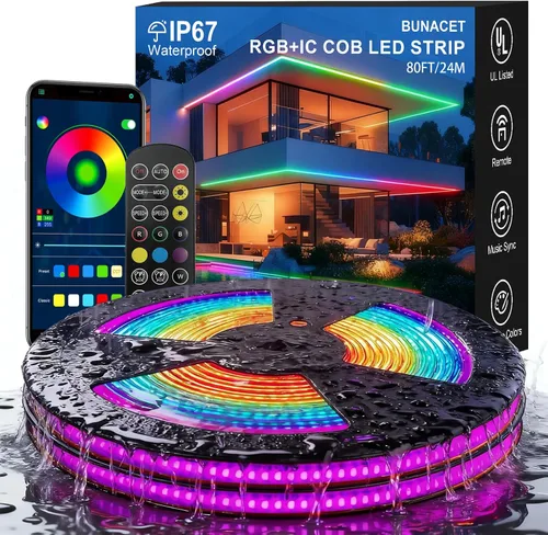 Vista 11 de Tira de luces para exteriores con control remoto, 118 (98 + 12) pies, RGB+IC+luz blanca cálida para exteriores, 36 bombillas LED, no extensibles
