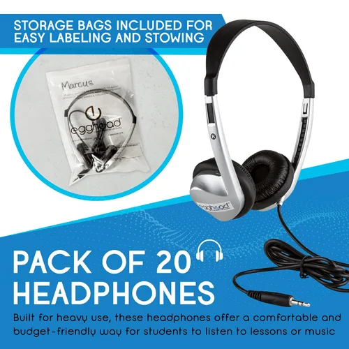 Vista 3 de Egghead Auriculares escolares estéreo con cojín de piel sintética (paquete de 20), negro/plateado