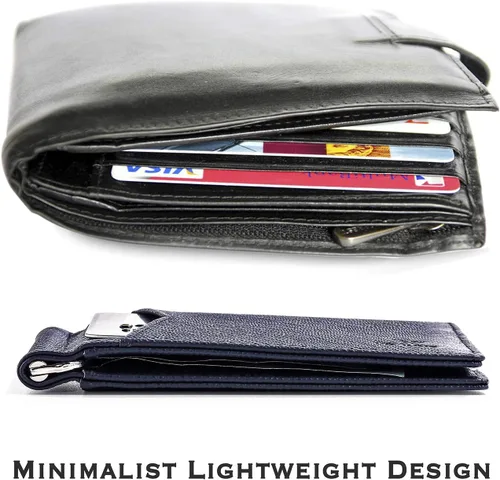 Vista 21 de YBONNE - Cartera fina con clip para dinero, de cuero auténtico, bloqueo RFID, minimalista